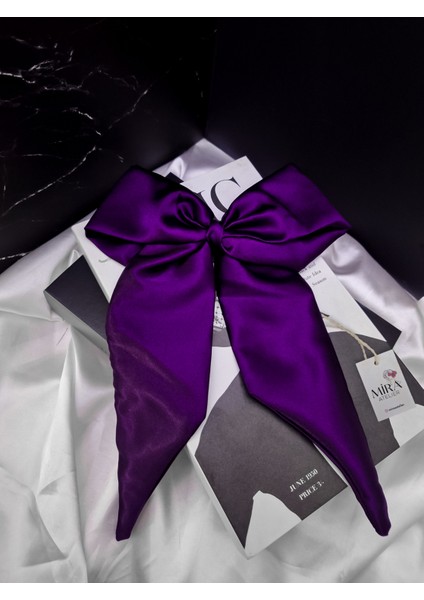 Kadın Saten Fiyonk Saç Tokası / Mor Tutku – Otomatik Klipsli - Uzun Boy