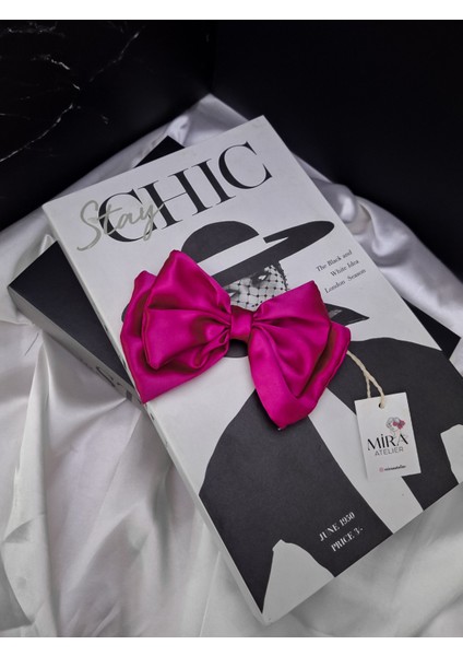 Kadın Saten Fiyonk Saç Tokası / Büyülü Fuşya – Timsah (Pens) Klipsli
