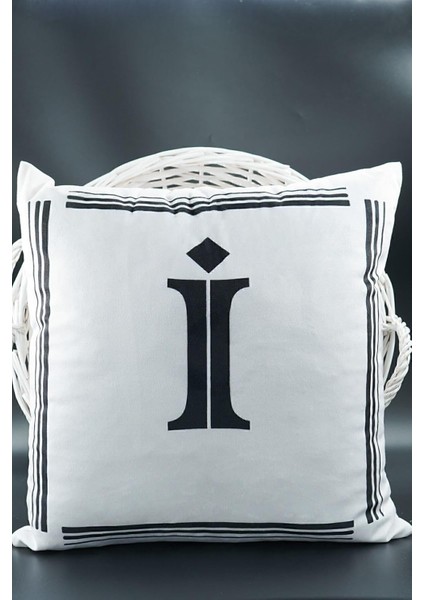 Harfli Kırlent Kılıfı Kadife 43X43 cm Çift Taraflı I Harfi Kedi Desenli Evlilik Teklifi Doğum Günü Siyah-I