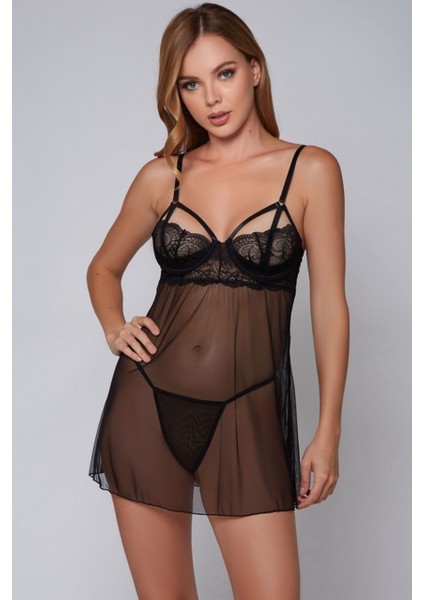 Dantel Detaylı Babydoll Gecelik Seti, Tül Kumaş, Ince Askılı, Şeffaf Tasarım, Seksi Iç Çamaşırı,