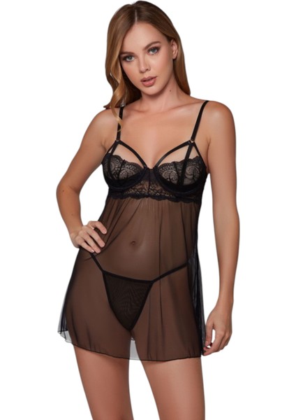 Dantel Detaylı Babydoll Gecelik Seti, Tül Kumaş, Ince Askılı, Şeffaf Tasarım, Seksi Iç Çamaşırı, fırsatları