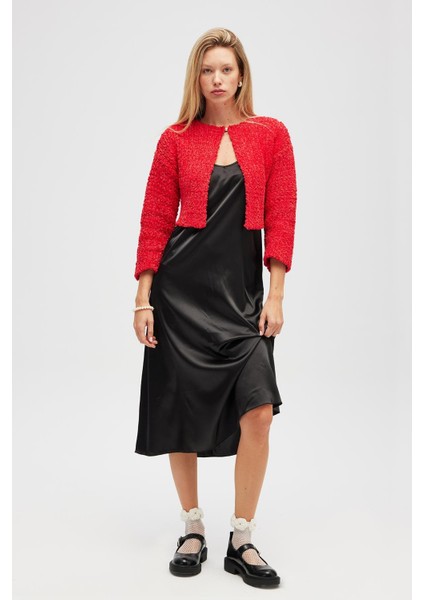 Kayla, Düz Örgü, Kadın Kısa Triko Hırka - Kırmızı