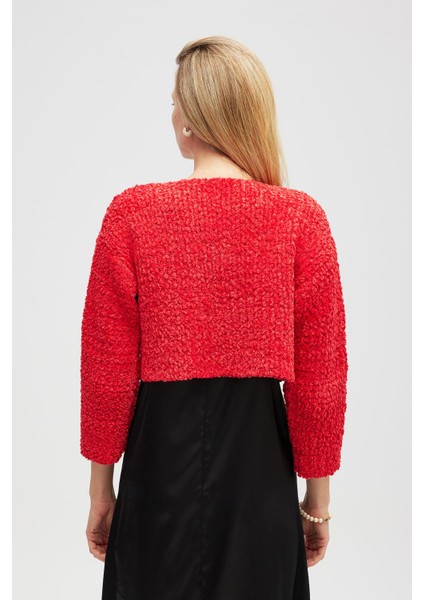 Kayla, Düz Örgü, Kadın Kısa Triko Hırka - Kırmızı