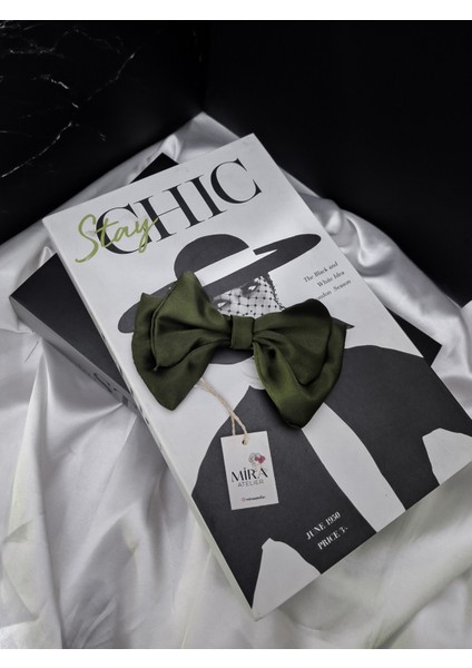 Kadın Saten Fiyonk Saç Tokası / – Haki Esintisi Timsah (Pens) Klipsli