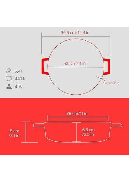 Metal Spring Serisi - Döküm Çok Amaçlı Tencere, Yuvarlak, 28 Cm, Mat Emaye, Parlak Siyah Taban, Kırmızı indirimleri