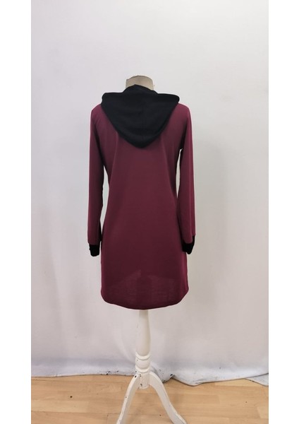 Kadın Uzun Kollu Kapşonlu Önden Fermuarlı Düğmeli Mini Iki Iplik Elbise