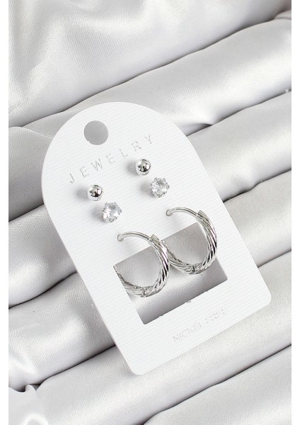 Pirinç Zirkon Taş Ve Halka Figürlü Gümüş Renk 3'lü Çift Kadın Küpe Set