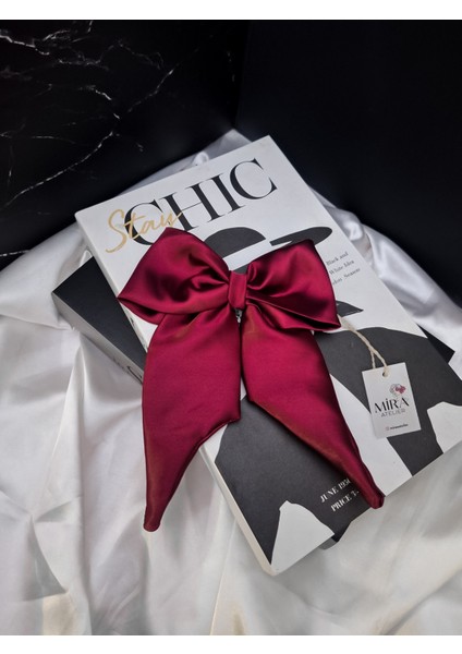 Kadın Saten Fiyonk Saç Tokası / Gecenin Kızı – Otomatik Klipsli - Orta Boy