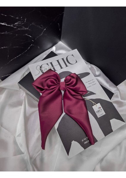 Kadın Saten Fiyonk Saç Tokası / Asil Şarap – Otomatik Klipsli - Orta Boy