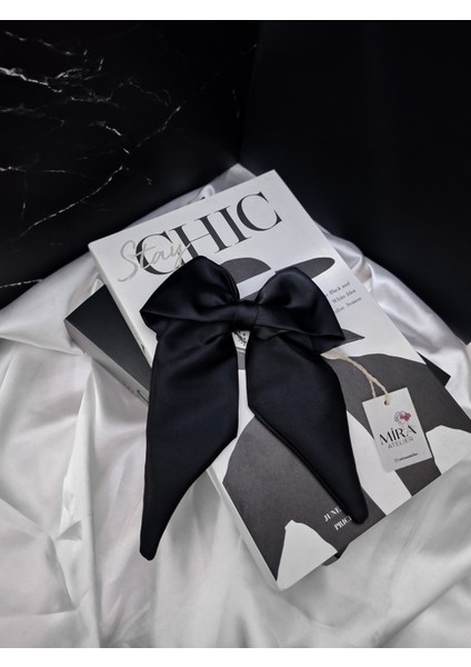 Kadın Saten Fiyonk Saç Tokası / Sonsuz Siyah – Otomatik Klipsli - Orta Boy