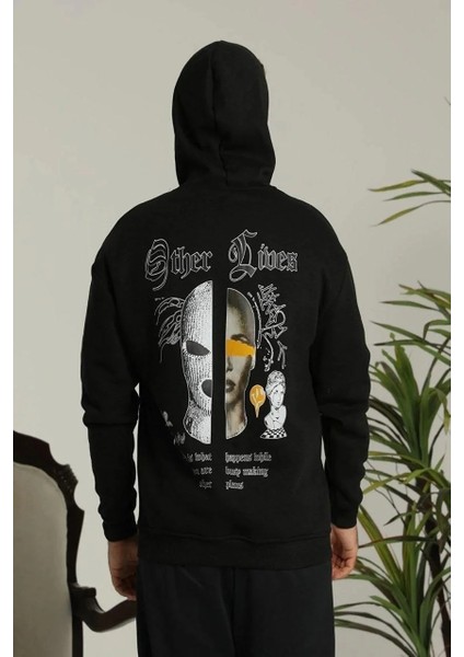 Erkek Kapşonlu Sweatshirt – Oversize Üç Iplik Şardonlu Hoodie, “other Lives” Ön & Arka Baskılı, Kanguru Cepli, Kışlık Rahat Günlük Stil - Siyah