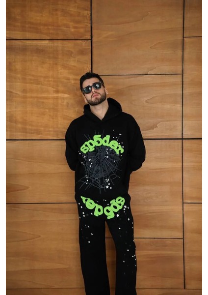 Erkek Kapüşonlu Eşofman Takım Örümcek Ağı ve Neon Yeşil Baskılı Kanguru Cepli Oversize Rahat Kalıp, Premium Üç Iplik Kumaş - Siyah fırsatları