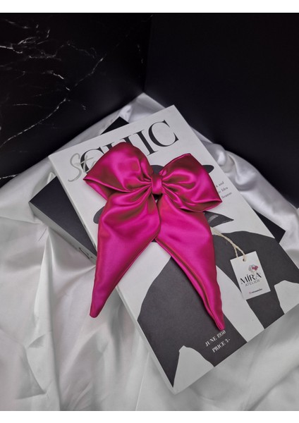 Kadın Saten Fiyonk Saç Tokası / Büyülü Fuşya – Otomatik Klipsli - Orta Boy