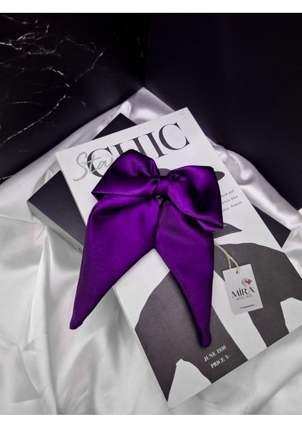 Kadın Saten Fiyonk Saç Tokası / Mor Tutku – Otomatik Klipsli - Orta Boy