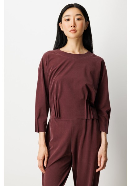 Kadın Pile Detaylı Sıfır Yaka Bluz 64408 Bordo