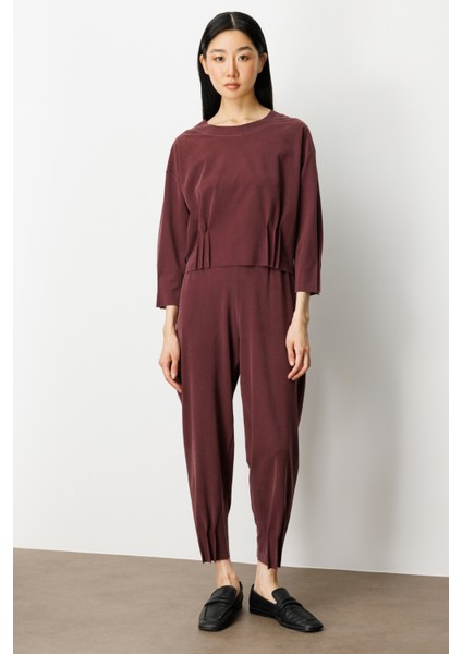 Kadın Pile Detaylı Sıfır Yaka Bluz 64408 Bordo modelleri