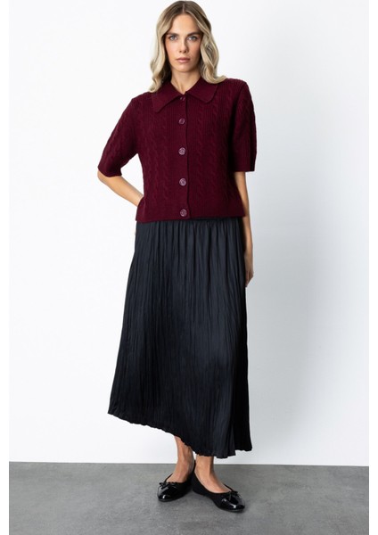 Kadın Kırışık Görünümlü Midi Etek 64209 Siyah