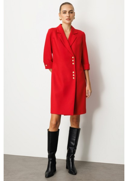 Kadın Kruvaze Yaka Düğmeli Elbise 4009 Kırmızı fiyatları