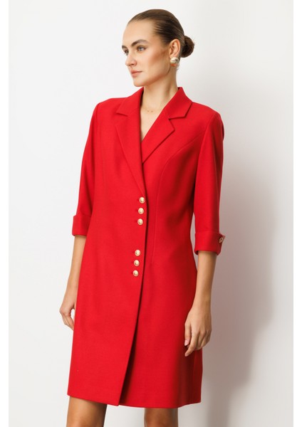 Kadın Kruvaze Yaka Düğmeli Elbise 4009 Kırmızı modelleri