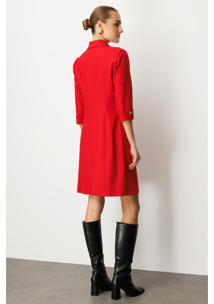 Kadın Kruvaze Yaka Düğmeli Elbise 4009 Kırmızı fırsatları