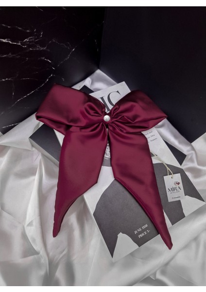 Kadın Saten Fiyonk Saç Tokası / Asil Şarap – Otomatik Klipsli - Uzun Boy