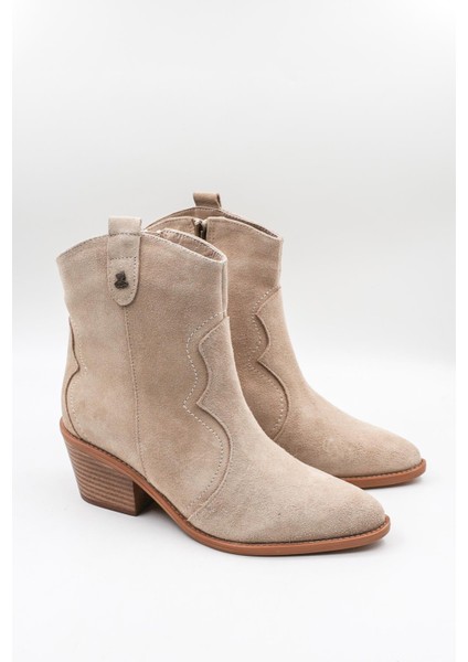 Kadın Hakiki Süet Deri Mat Sivri Burun Slip On Kalın Kısa Topuklu Kovboy Bot VN2454112K - Bej - 36 modelleri