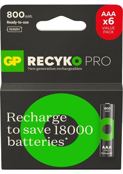 Batteries Recyko Pro Aaa Ni-Mh Şarjlı Pil, 1.2 Volt, 6&apos;lı Kart