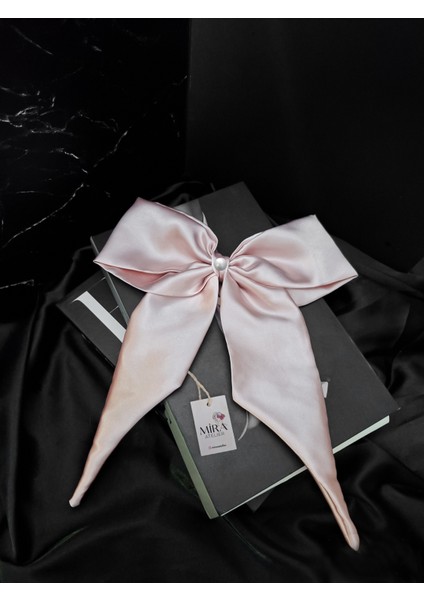 Kadın Saten Fiyonk Saç Tokası / Pudra Düşü – Otomatik Klipsli - Uzun Boy