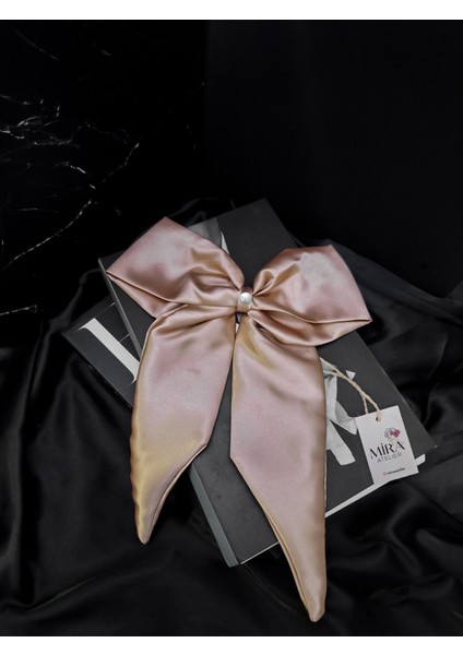 Kadın Saten Fiyonk Saç Tokası / Bronz Pudra – Otomatik Klipsli - Uzun Boy