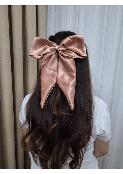 Kadın Saten Fiyonk Saç Tokası / Bronz Pudra – Otomatik Klipsli - Uzun Boy fiyatları