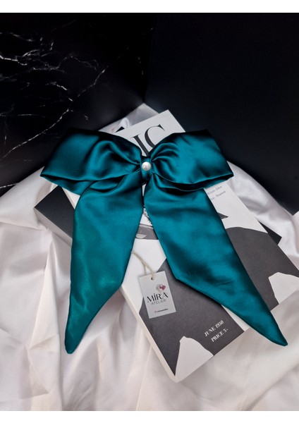 Kadın Saten Fiyonk Saç Tokası / Mavi Aura – Otomatik Klipsli - Uzun Boy