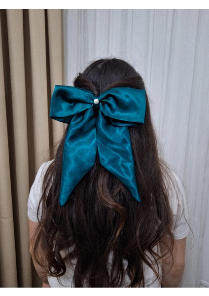 Kadın Saten Fiyonk Saç Tokası / Mavi Aura – Otomatik Klipsli - Uzun Boy fiyatları