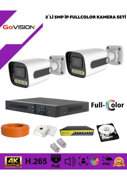 Govision Go Vision 2'li Güvenlik Ip Kamera Seti - 5mp Dış Mekan Kamera, 3.6mm Lens, H.265, Poe, Warm LED Gece Görüşlü