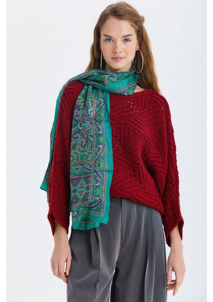 Etnik Desenli Hint Ipeği Şal Turkuaz - Mor