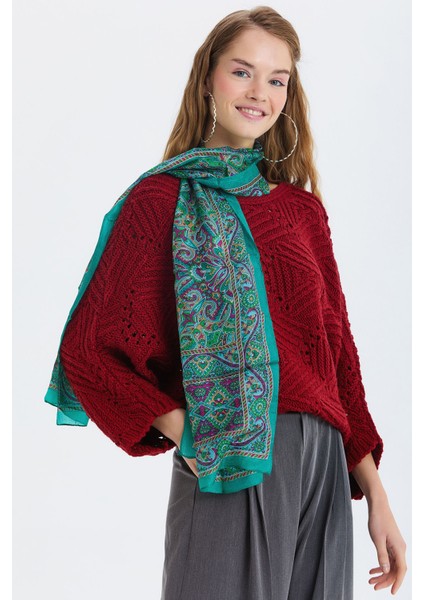 Etnik Desenli Hint Ipeği Şal Turkuaz - Mor fiyatları