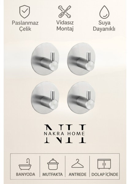 Paslanmaz Çelik Yapışkanlı 3 Adet Oval Duvar Askılığı | Delmeden Montaj Suya Dayanıklı Çok Amaçlı