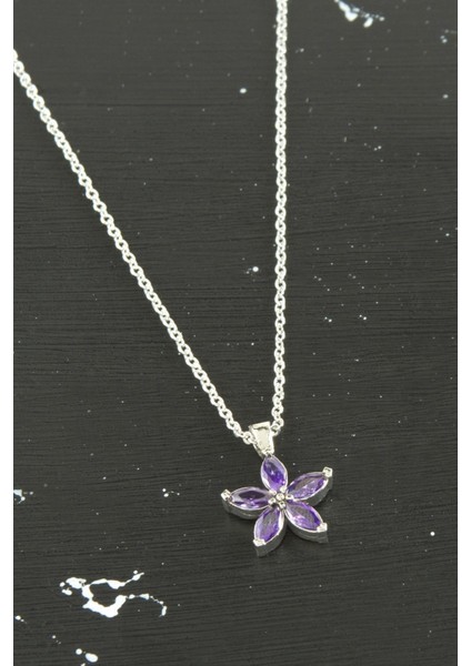 Xmpdby Papatya Zirkon Taşlı Trend Kolye-Mor