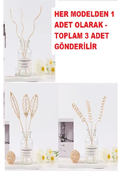 bulurum 3 tek adet 3 model aromaterapi koku dağıtıcı rattan şişe ahşap difüzör çubuk (spiralyaprakdalgalı)