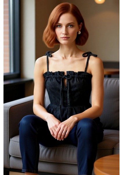 Kadın Denim Kare Yaka Ince Askılı Volanlı Bluz Kaliteli Şık Rahat Modern Zarif Günlük fiyatları