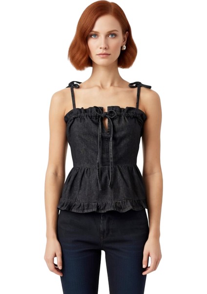 Kadın Denim Kare Yaka Ince Askılı Volanlı Bluz Kaliteli Şık Rahat Modern Zarif Günlük modelleri