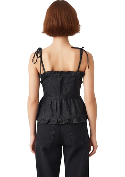 Kadın Denim Kare Yaka Ince Askılı Volanlı Bluz Kaliteli Şık Rahat Modern Zarif Günlük fırsatları