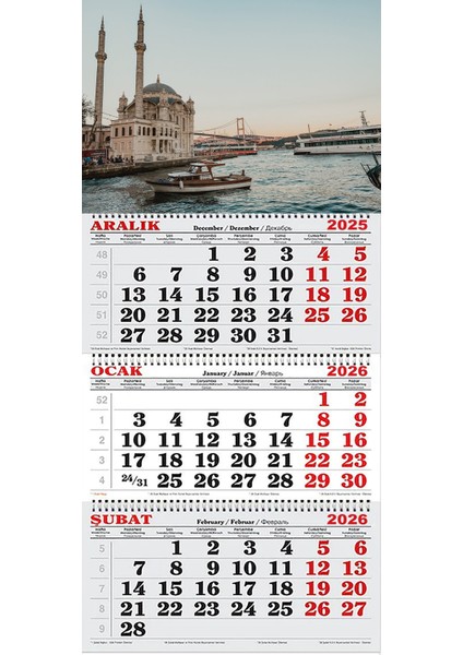 2026 Yılı Gemici Takvimi----Istanbul Ortaköy ve Boğaz Manzarası