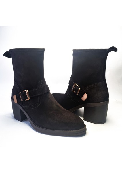 Kadın Hakiki Deri 7.5 cm Topuklu El Yapımı Tokalı Günlük Şık Bot