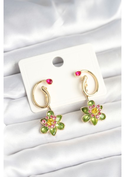 Pirinç Gold Renk Zirkon Taşlı Çiçek Model Kadın Küpe