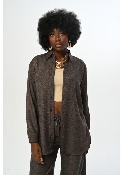 Kadın Düz Renk Simli Oversize Kesim Gömlek