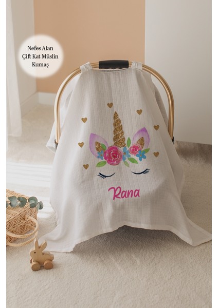 %100 Pamuk Isme Özel Çift Katlı Müslin Puset Örtüsü - Unicorn