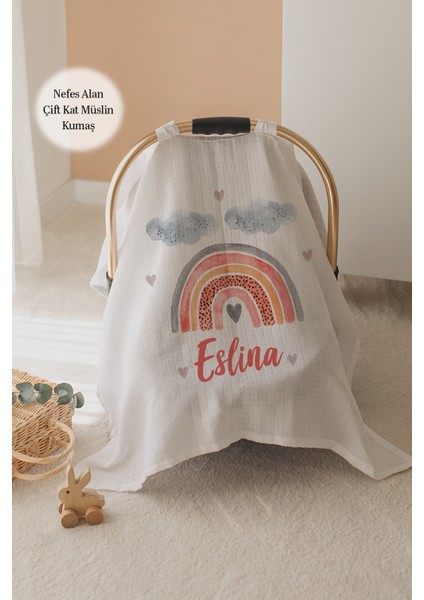 %100 Pamuk Isme Özel Çift Katlı Müslin Puset Örtüsü - Gökkuşağı