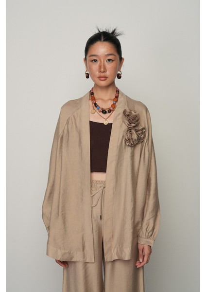 Kadın Gül Detaylı Düz Renk Oversize Kesim Kimono