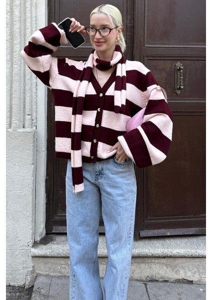 Bordo Çizigli Atkılı Kadın Triko Hırka MG2588