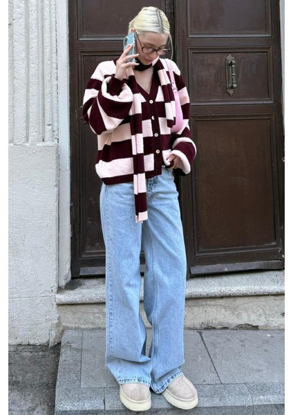 Bordo Çizigli Atkılı Kadın Triko Hırka MG2588 fırsatları
